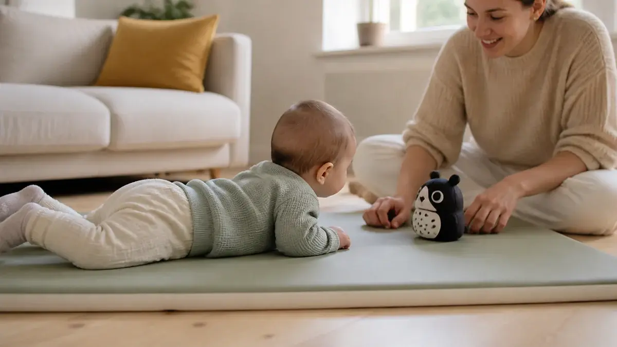 Baby laver vågen mavetid på en fast måtte med en voksen siddende inden for rækkevidde